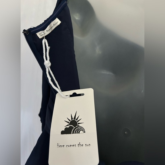 Here Comes the Sun Navy Satin Babydoll Empire Waist Poof Sleeve Mini Dress XS - Picture 10 of 14